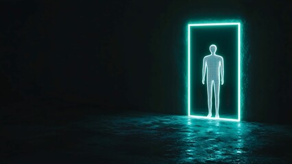 Poster - a neon silhouette of a person inside a luminous frame.