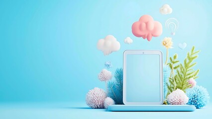 Poster - tablet with floating clouds, flowers and decorative elements.