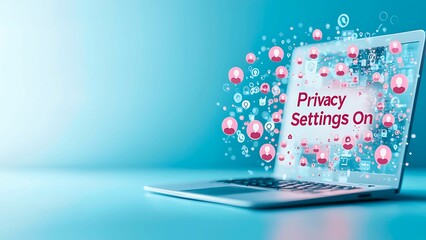 Poster - Privacy Settings On: a laptop displaying privacy settings with floating elements.