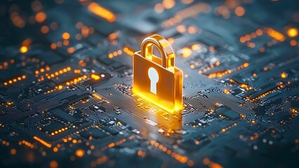 Poster - glowing padlock on a circuit board, symbolizing cybersecurity.