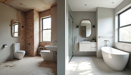 Aufkleber - Bathroom remodeling project before after comparison. Empty room renovation design. Sink, mirror, bathtub, toilet, shower, windows, home interior. Modern architecture, new apartment, luxury house,