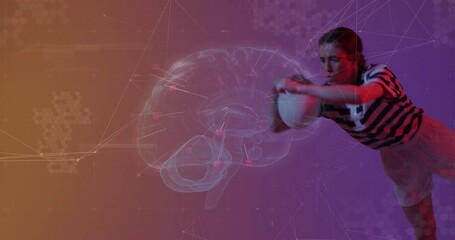 Poster - Interacting with digital brain animation, woman in striped shirt on colorful background