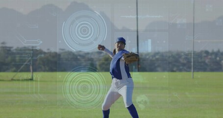 Poster - Baseball player pitching on field with data processing animation overlay