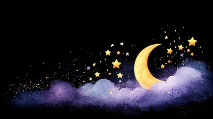 Wall Mural - a crescent and starry night sky painting on a black background with cloudy details
