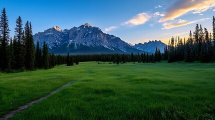 Poster - Breathtaking Mountain Landscape with Lush Green Field Under Majestic Peaks : Generative AI