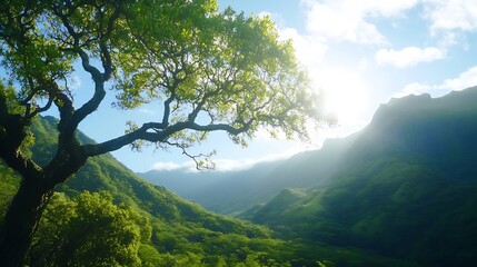 Fototapete - Lush green countryside with majestic trees and sunlight filtering through mountains in the background : Generative AI