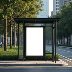 Aufkleber - Modern bus stop shelter with blank advertising display. Black metal frame glass panels in urban setting, green park backdrop. Public transport, advertisement, city, modern design.