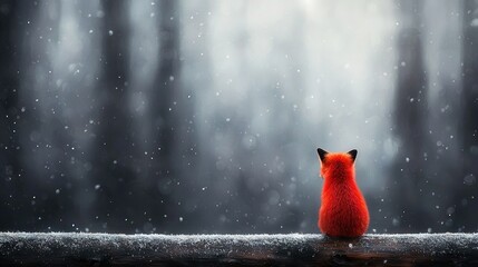 Wall Mural - a red fox sits atop a wooden table in a winter-filled forest surrounded by towering trees