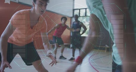 Poster - Playing basketball, child athletes with animation overlay in school gym court