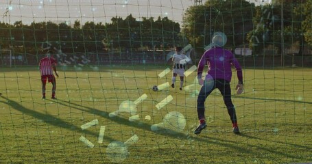 Poster - Kicking soccer ball towards goalkeeper, player with data animation on field