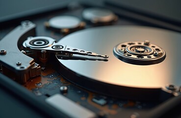 Fototapete - Close-up of laptop hard disk drive. Computer hardware storage data, data backup, digital information. Metal disk. Tech, engineering, data center, repair service illustration. Modern tech. Information