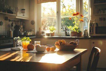 Poster - Cozy morning in a bright kitchen filled with fresh groceries, warm sunlight, and an inviting family atmosphere for a perfect start to the day