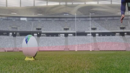 Poster - Preparing to kick rugby ball on grass field, player in stadium with animation