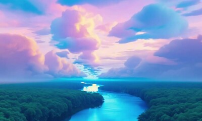 Wall Mural - a surreal river flows, ascending into the sky, merging with floating clouds. fantasy surreal aesthet