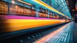 © KIMPOL - Fast train moving through a station.  Colorful lights illuminate the modern train as it speeds past the platform