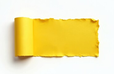 Fototapete - Torn yellow paper piece on white background. Blank sheet with ripped edges. Grunge texture with copy space for message. Isolated element for design, banner, advertising, promotion.