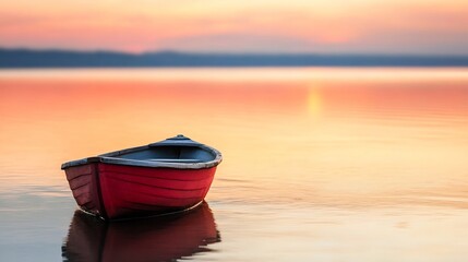 Poster - Serene sunset view of a colorful wooden boat floating on calm waters reflecting vibrant hues of dusk : Generative AI