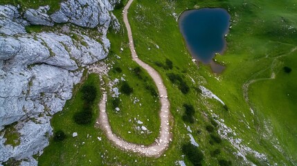 Poster - Aerial view of a winding path leading through lush green hills beside a tranquil blue lake under clear sky : Generative AI
