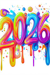 Poster - Celebratory artwork depicting a vibrant and colorful 2026 with dripping paint effects