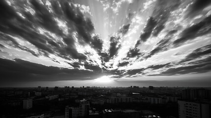 Fototapete - Dramatic Black and White Sunset Over Urban Landscape with Clouds and City Silhouette : Generative AI