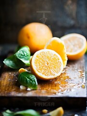 Poster - Freshly cut orange slices with green leaves on a wooden surface reflecting vibrant colors : Generative AI