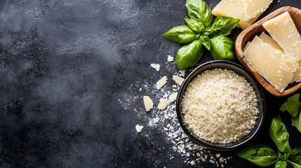 Poster - Delicious Fresh Ingredients Including Grated Cheese and Basil Leaves on a Dark Background for Cooking : Generative AI