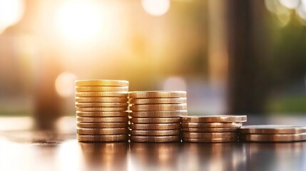 Aufkleber - Stacked Coins on Table with Soft Evening Light Showcasing Wealth and Financial Stability : Generative AI