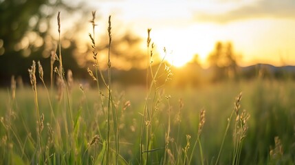 Aufkleber - Golden sunlight illuminating a serene field of wild grass at sunset creating a tranquil landscape : Generative AI