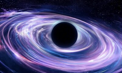 Wall Mural - A black hole swirls in space, surrounded by luminous waves of energy and glowing stardust. The light bends as it’s pulled into the void, creating an intense, cosmic display. Cosmic sci-fi aesthetic