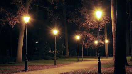 Poster - Enchanted night walk down a tree-lined path illuminated by charming floodlights in the park