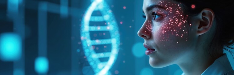 Poster - Young woman with digital DNA helix, data screen. Medicine digitalization, AI, science, futuristic tech, cyber, computing concept. Modern medical lab, data analysis, science innovation, healthcare.