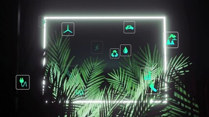 Poster - Animation of neon green energy icons floating over tropical palm leaves in darkness