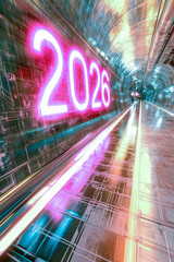 Poster - Futuristic tunnel with bright digital text displaying 2026 and reflecting vibrant light patterns