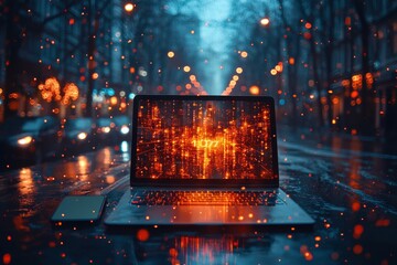 Poster - Illuminated laptop and digital matrix amidst urban evening lights