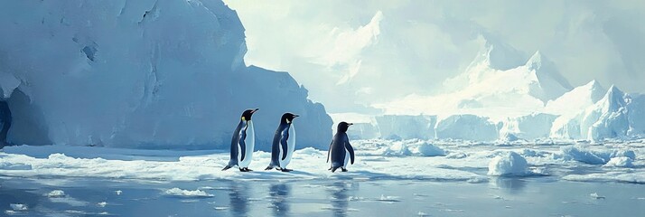 Wall Mural - Penguins walking across frozen landscape, Antarctica