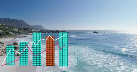 Poster - Bar and line graph animation over scenic coastal landscape with clear blue sky