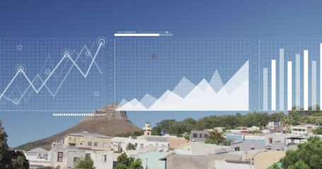 Poster - Graph and chart animation over cityscape with blue sky and buildings
