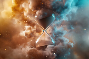 Poster - Hourglass surrounded by colorful clouds representing the passage of time in a creative way