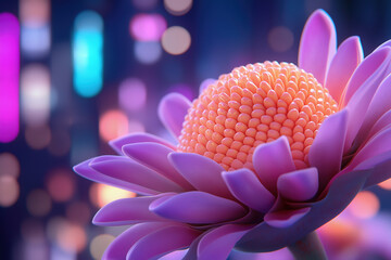 Poster - Vibrant purple flower illuminated against a colorful urban backdrop at night