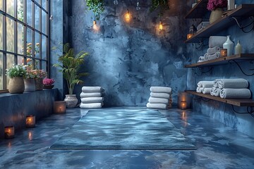 Poster - A tranquil spa interior with soft lighting and stacked towels. Relaxing atmosphere with candles and plants in a serene space. Generative AI