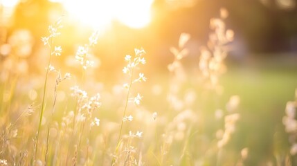 Aufkleber - Warm golden sunlight filtering through a field of delicate flowers swaying gently in the breeze : Generative AI