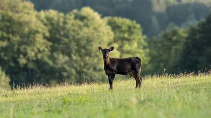 Poster - A serene young deer standing gracefully in a lush green field surrounded by trees and nature : Generative AI