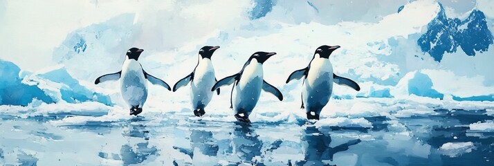 Wall Mural - Penguins waddling across icy landscape artwork