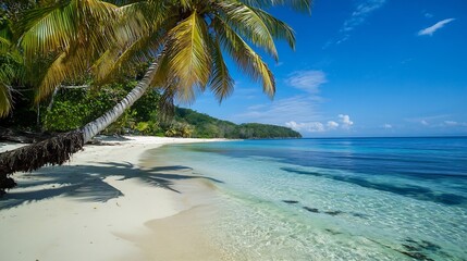 Poster - Beautiful tropical beach with crystal clear water and swaying palm trees under a bright blue sky : Generative AI