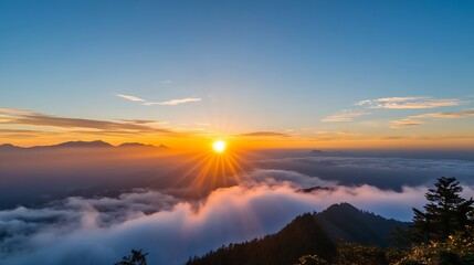 Fototapete - Stunning sunrise over mountainous landscape with clouds illuminated by vibrant colors of dawn : Generative AI