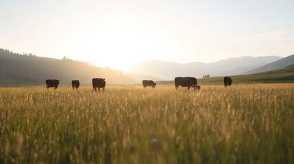 Poster - Peaceful scenic view of grazing cows in the golden sunlight on a rural farm landscape : Generative AI