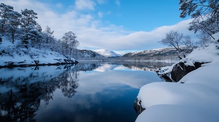 Aufkleber - Breathtaking winter landscape of a tranquil lake surrounded by snow covered mountains under a clear blue sky : Generative AI