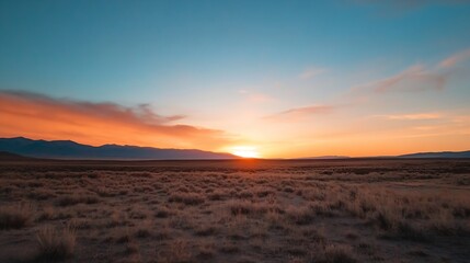 Poster - Stunning panoramic view of a vibrant sunset over an open field with distant mountains : Generative AI