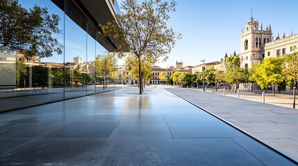 Poster - Beautiful urban landscape showcasing modern architecture and serene tree in city square during clear blue sky : Generative AI
