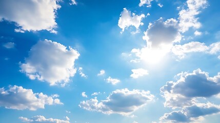 Poster - Stunning view of a bright blue sky showcasing fluffy white clouds and radiant sunlight peeking through : Generative AI